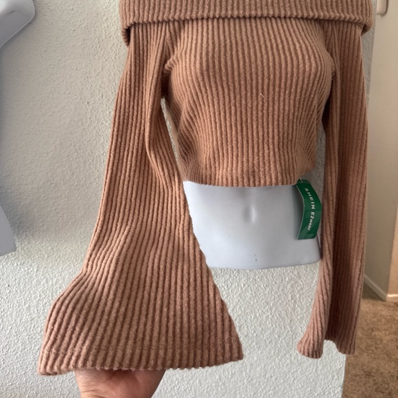 Off-Shoulder Ribbed Sweater - Tan - Picture 2 of 3